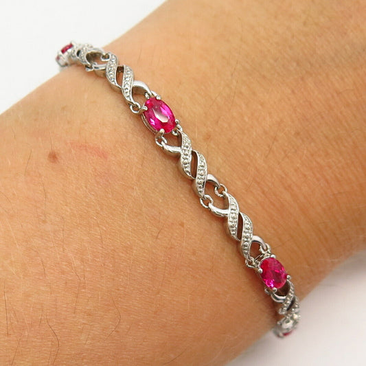 925 Sterling Silver Lab-Created Ruby Gem Crossover Link Bracelet 6 3/4"