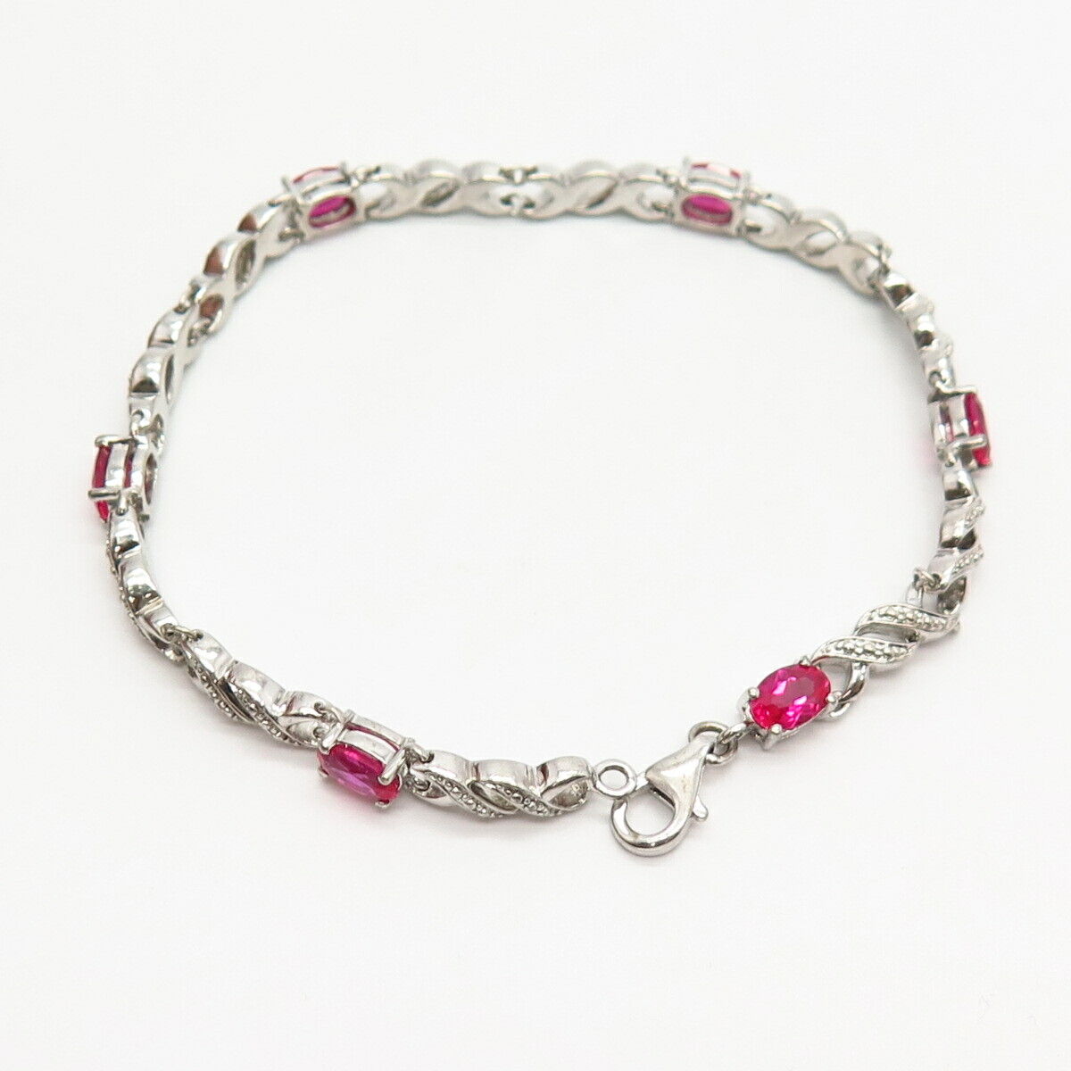 925 Sterling Silver Lab-Created Ruby Gem Crossover Link Bracelet 6 3/4"