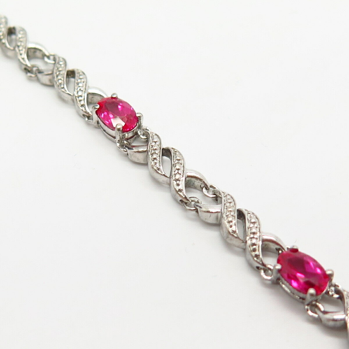 925 Sterling Silver Lab-Created Ruby Gem Crossover Link Bracelet 6 3/4"