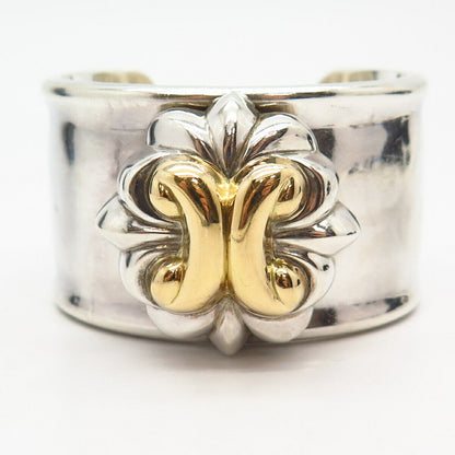 925 Sterling Silver 2-Tone Italy Floral Design Statement Wide Cuff Bracelet 6"