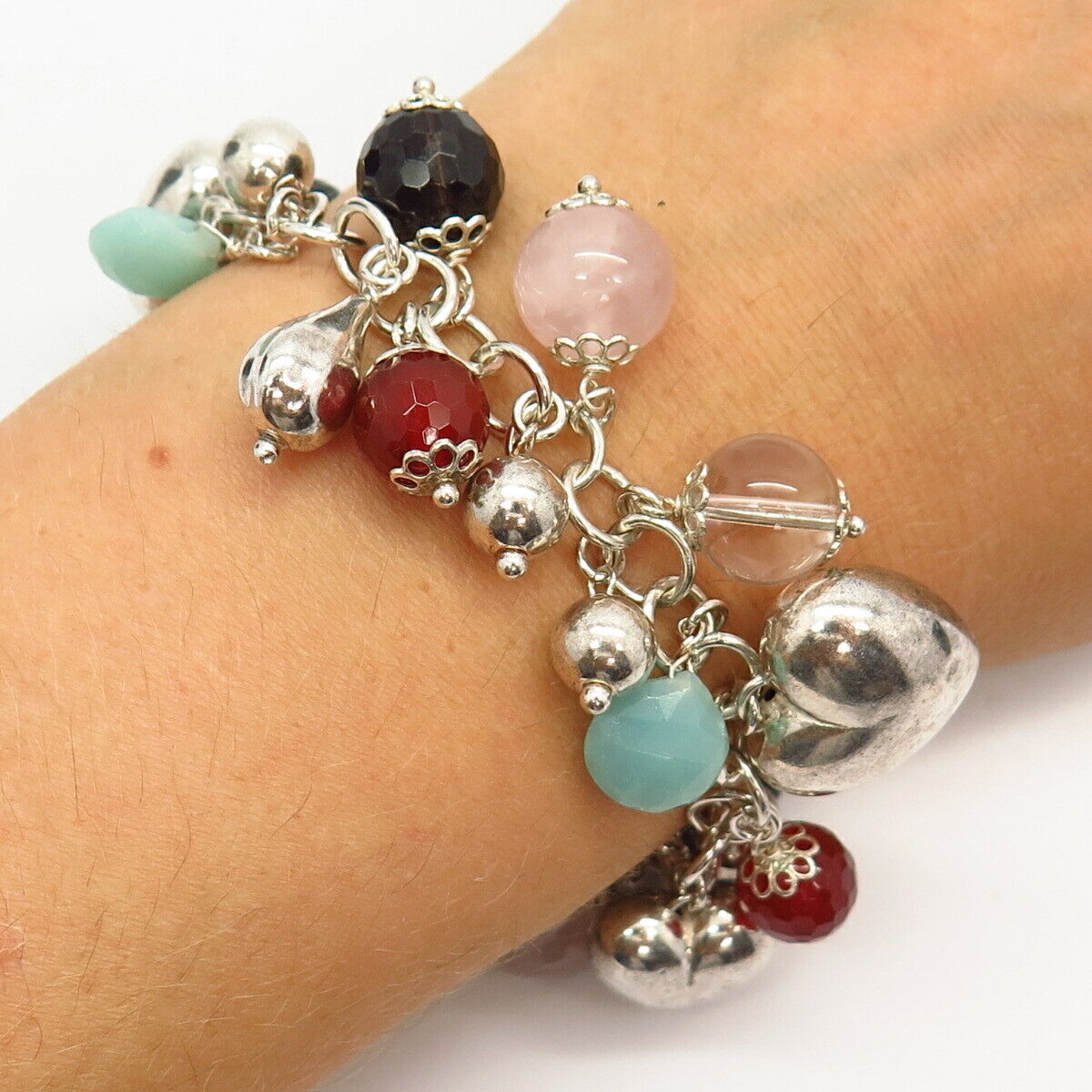 925 Sterling Silver Italy Multy-Color Gem Heart Design Cha Cha Link Bracelet 7"