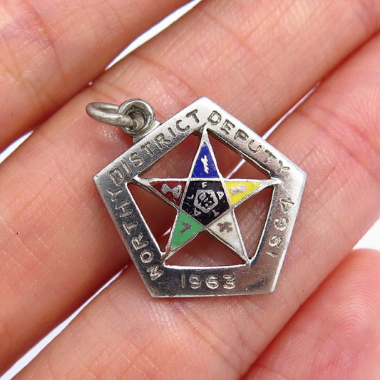 925 Sterling Silver Vintage Enamel "Worthy District Deputy" Charm Pendant