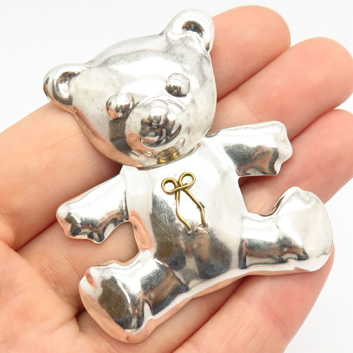 925 Sterling 2-Tone Vintage Mexico Articulated Teddy Bear Pin Brooch / Pendant