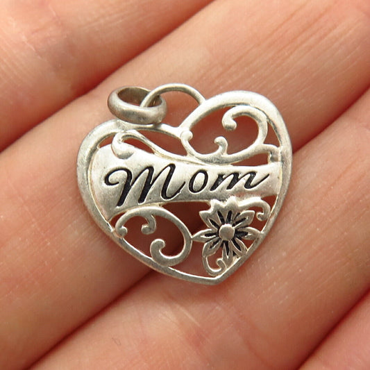 925 Sterling Silver "Mom" Ornate Floral Heart Design Pendant