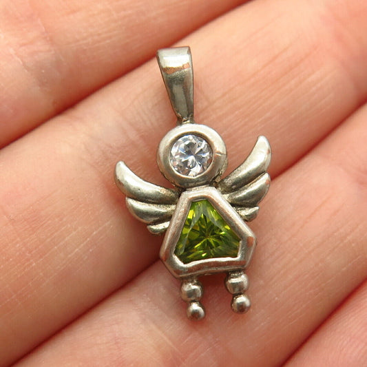 925 Sterling Silver White & Peridot-Tone C Z Angel Slide Pendant