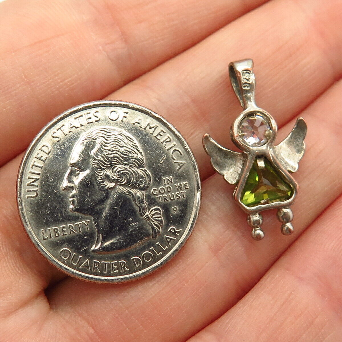 925 Sterling Silver White & Peridot-Tone C Z Angel Slide Pendant