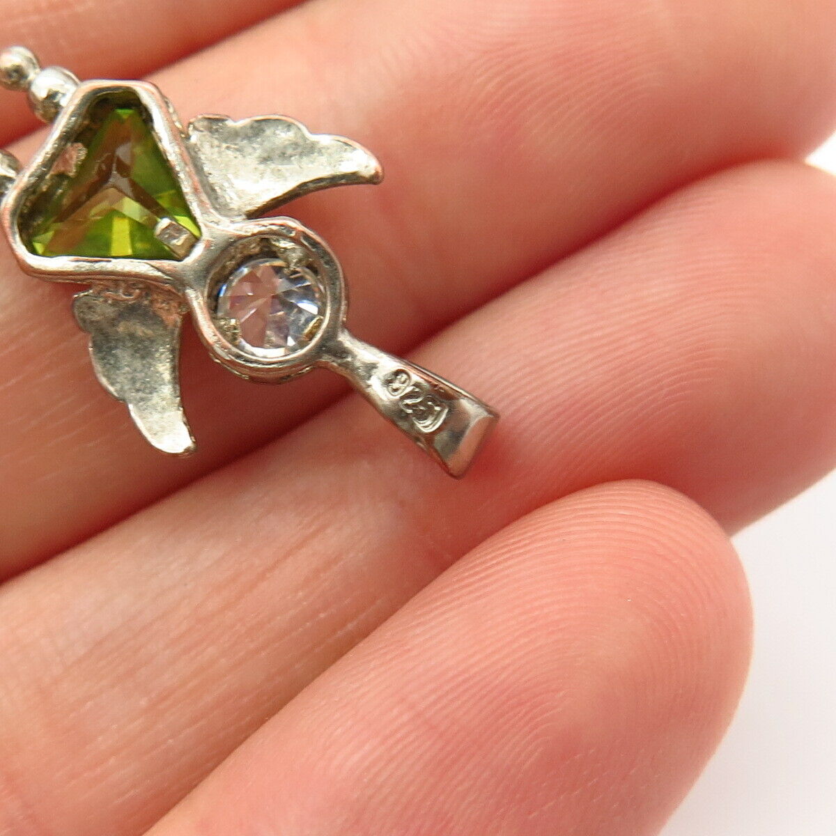 925 Sterling Silver White & Peridot-Tone C Z Angel Slide Pendant