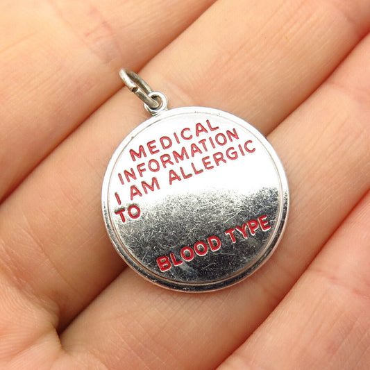 925 Sterling Silver Vintage Enamel "Medical Information" Tag Pendant