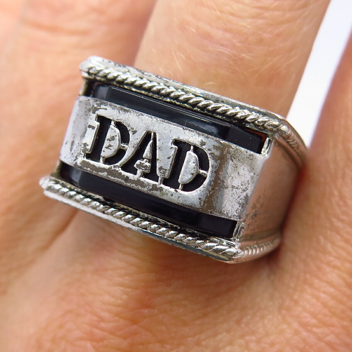 925 Sterling Silver Real Black Onyx Gemstone "Dad" Signet Ring Size 10 1/4