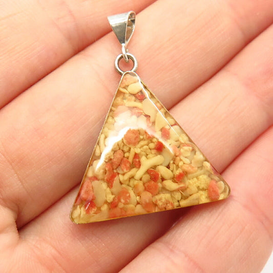 925 Sterling Silver Coral Inlay Triangle Pendant