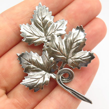 925 Sterling Silver Triple Grape Leaf Design Pin Brooch