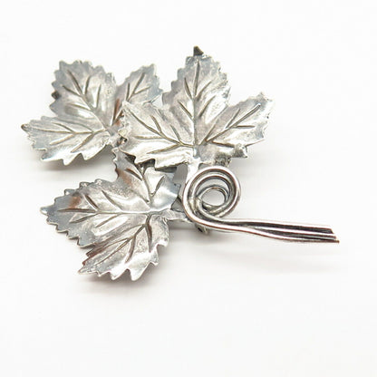 925 Sterling Silver Triple Grape Leaf Design Pin Brooch