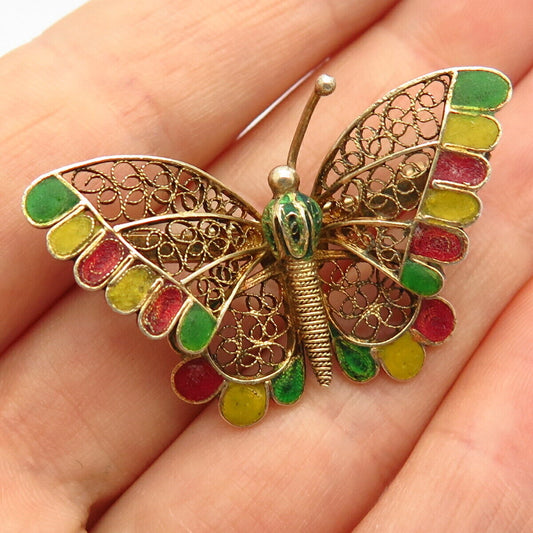 800 Silver Gold Filled Vintage Filigree Butterfly Design Pin Brooch