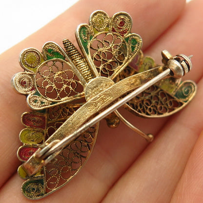 800 Silver Gold Filled Vintage Filigree Butterfly Design Pin Brooch