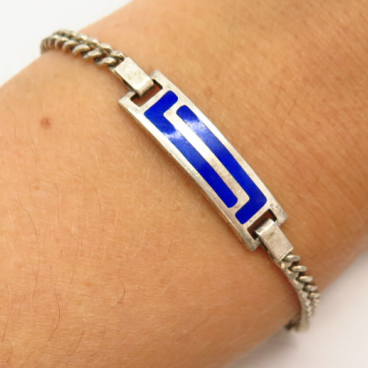 925 Sterling Silver Vintage Enamel Bar Design Cable Link Bracelet 6"