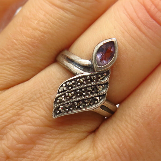 925 Sterling Silver Real Marcasite & Amethyst Gem Leaf Design Ring Size 7 3/4