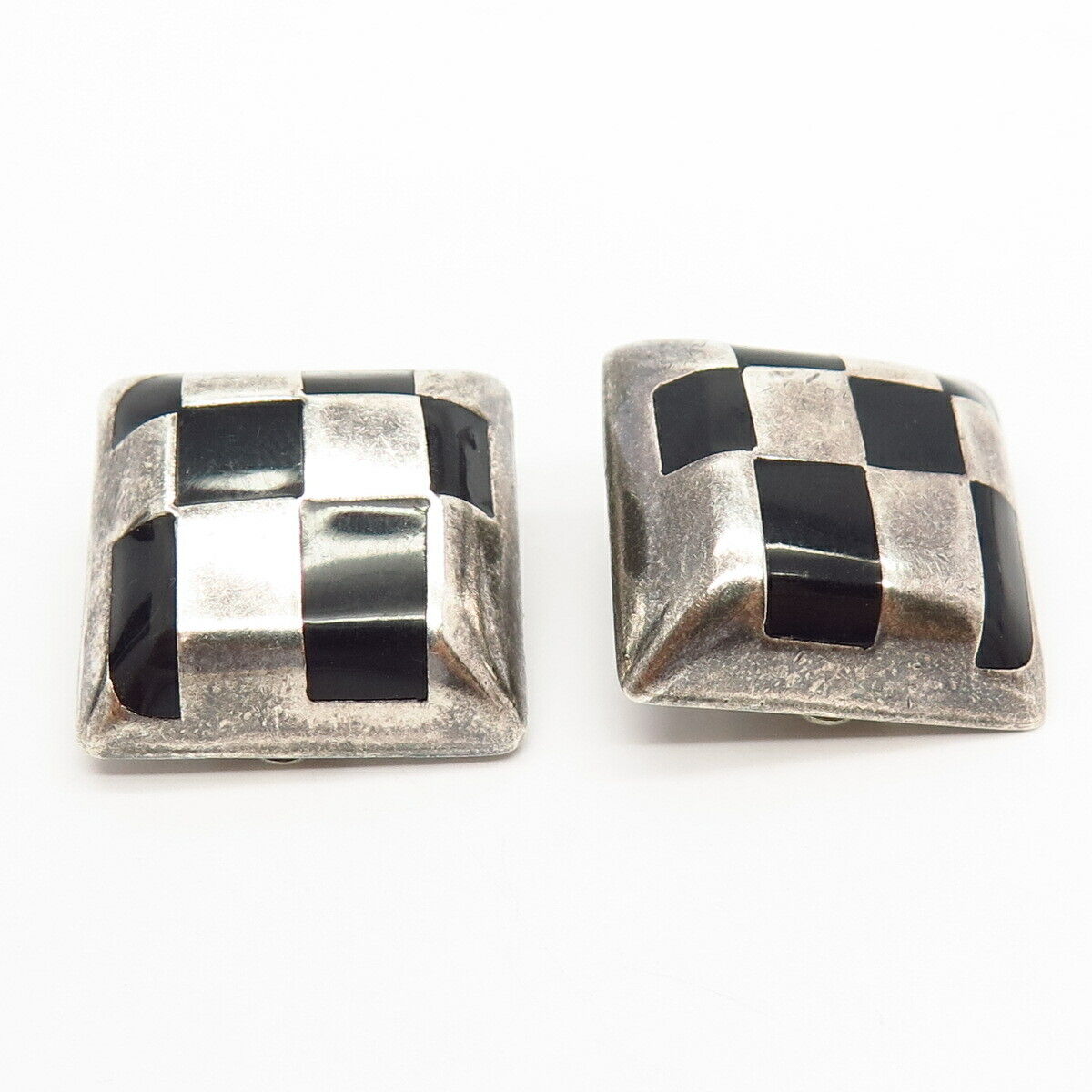 925 Sterling Silver Vintage Mexico Alicia Real Black Onyx Gem Clip On Earrings