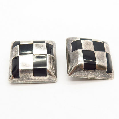 925 Sterling Silver Vintage Mexico Alicia Real Black Onyx Gem Clip On Earrings