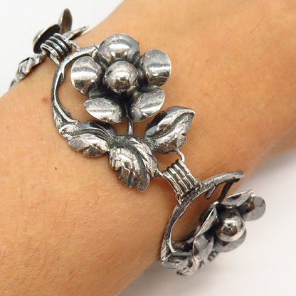 925 Sterling Silver Antique Floral Design Wide Link Bracelet 7"