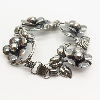 925 Sterling Silver Antique Floral Design Wide Link Bracelet 7"