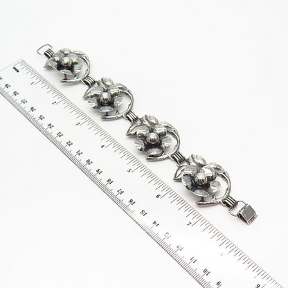 925 Sterling Silver Antique Floral Design Wide Link Bracelet 7"