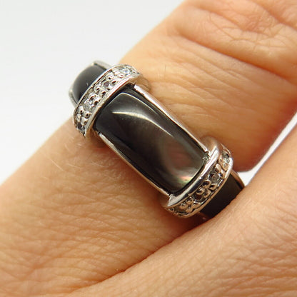 925 Sterling Silver Real Brown Mother-of-Pearl & C Z Ring Size 5 1/4