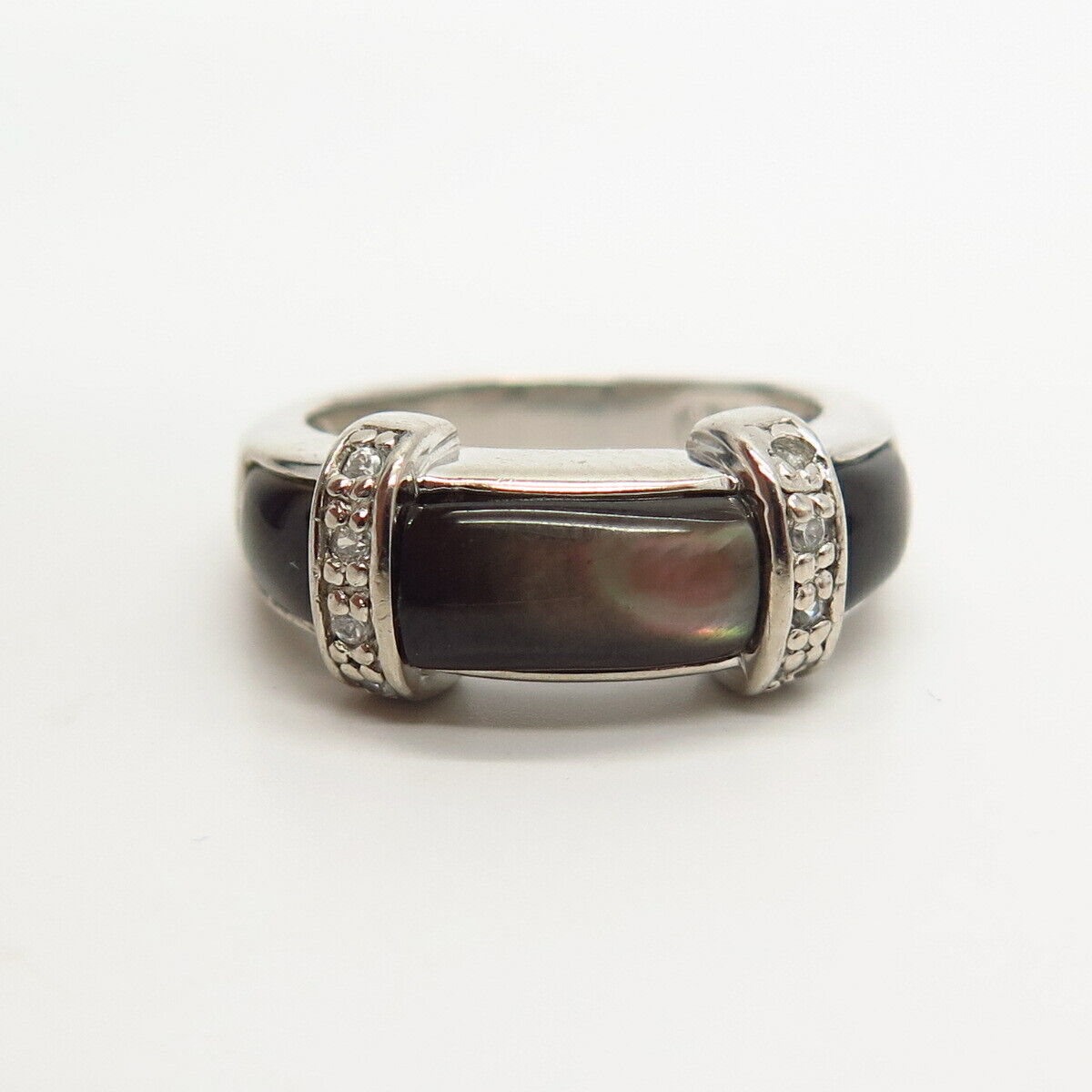 925 Sterling Silver Real Brown Mother-of-Pearl & C Z Ring Size 5 1/4