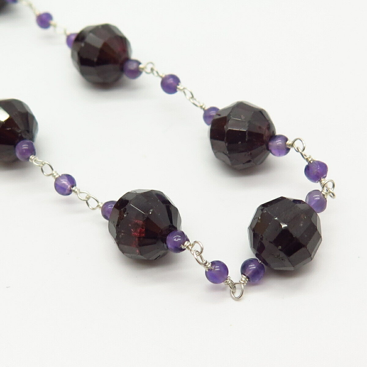 925 Sterling Silver Real Red Garnet & Amethyst Gem Bead Chain Necklace 15"