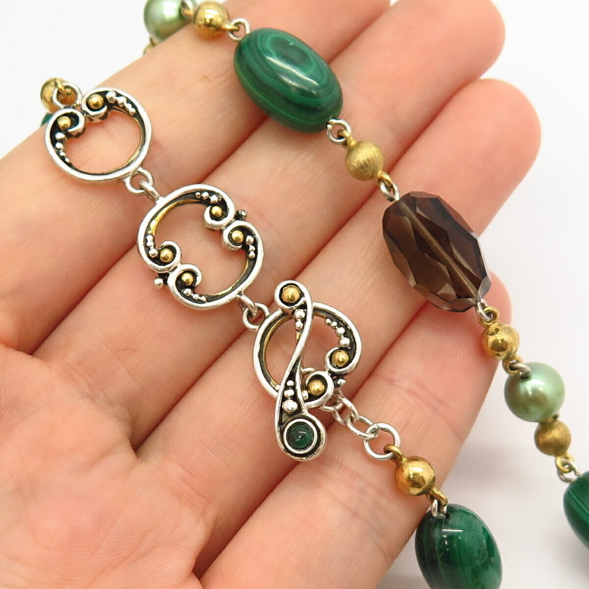 2-Tone Dream Real Smoky Quartz Malachite Gem & Pearl Bead Chain Necklace 19"