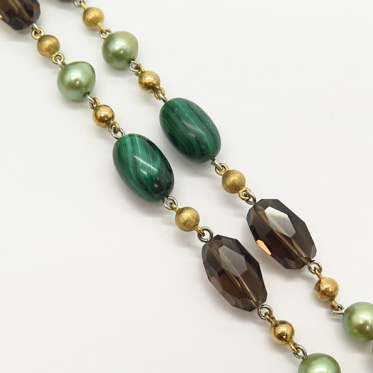 2-Tone Dream Real Smoky Quartz Malachite Gem & Pearl Bead Chain Necklace 19"