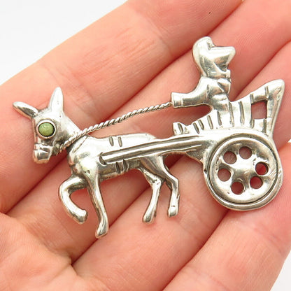 925 Sterling Vintage Mexico Real Turquoise Gem Man & Stubborn Donkey Pin Brooch