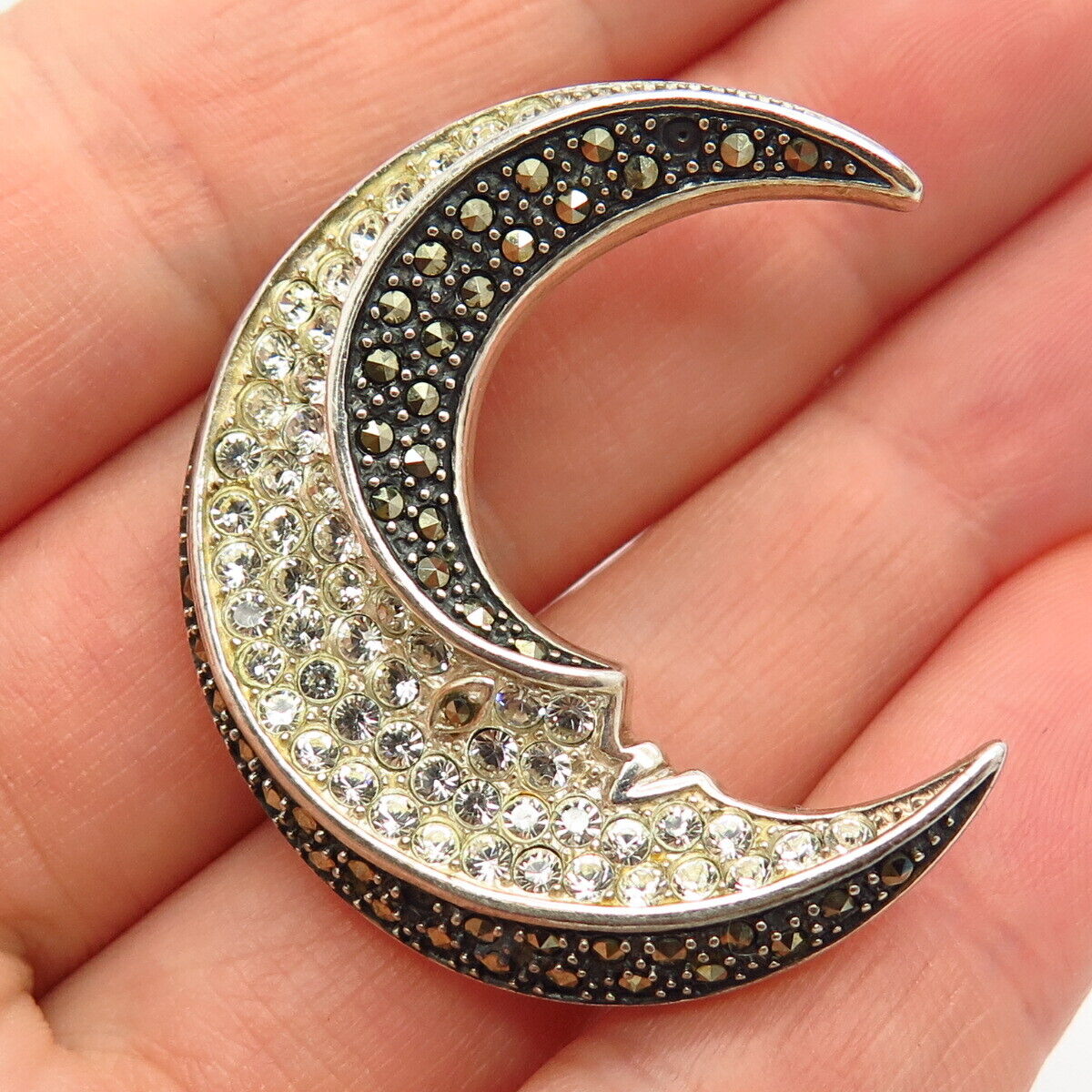 925 Sterling Real Marcasite Gem & C Z Crescent Moon Face Pin Brooch / Pendant