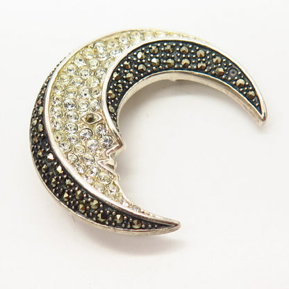 925 Sterling Real Marcasite Gem & C Z Crescent Moon Face Pin Brooch / Pendant