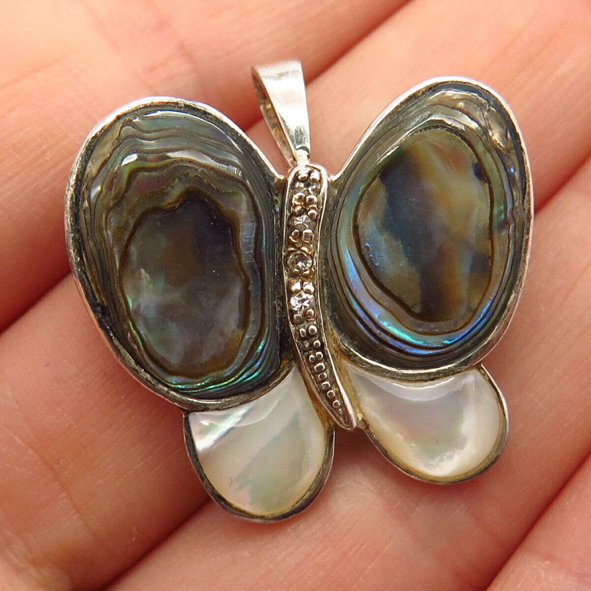 925 Sterling Real Abalone Shell Mother-Of-Pearl & C Z Butterfly Brooch / Pendant