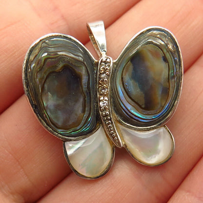 925 Sterling Real Abalone Shell Mother-Of-Pearl & C Z Butterfly Brooch / Pendant