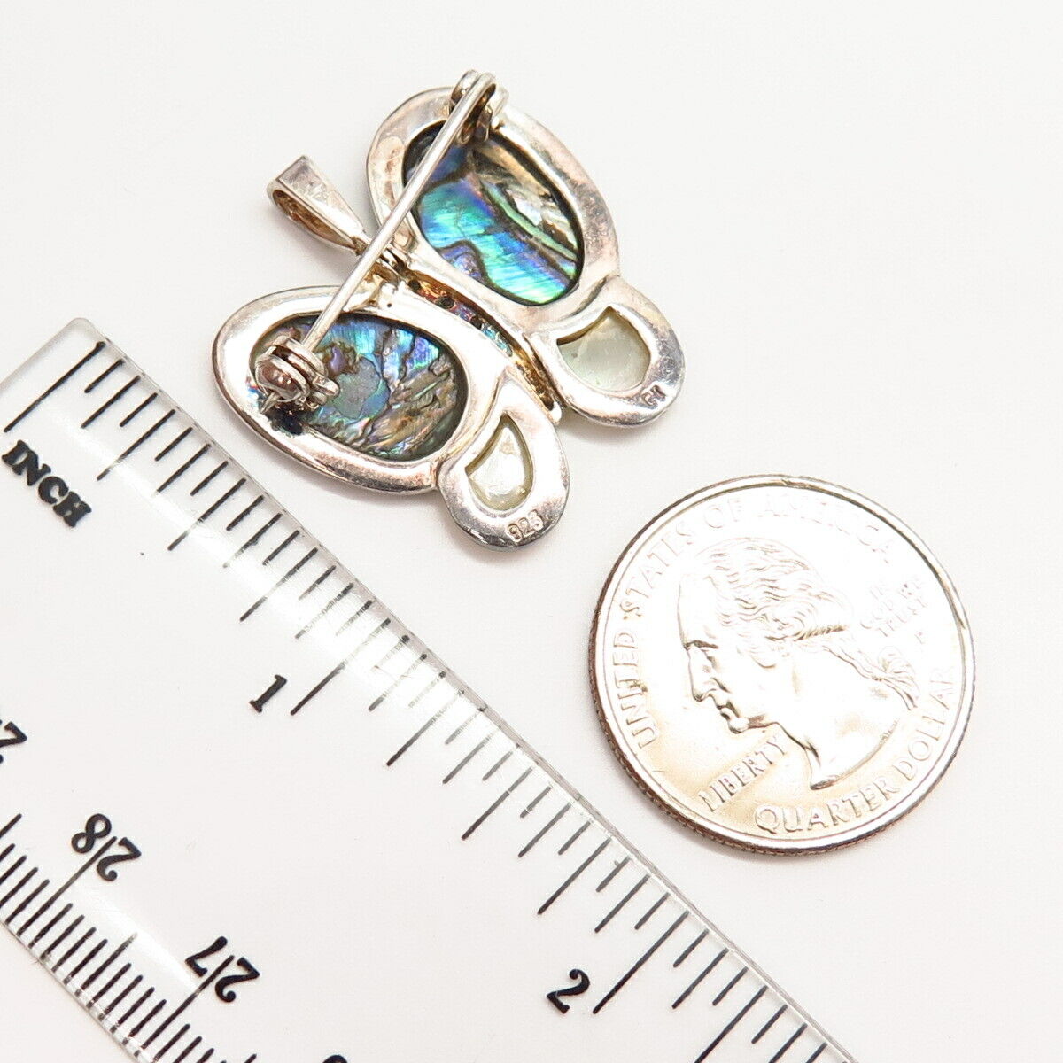 925 Sterling Real Abalone Shell Mother-Of-Pearl & C Z Butterfly Brooch / Pendant