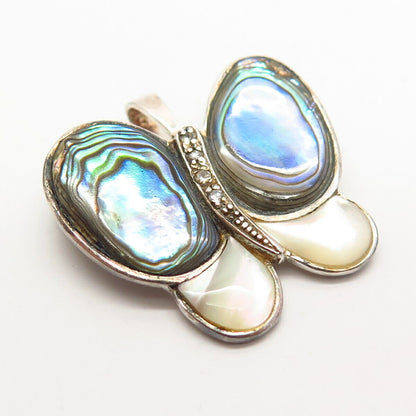 925 Sterling Real Abalone Shell Mother-Of-Pearl & C Z Butterfly Brooch / Pendant