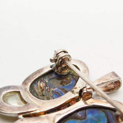 925 Sterling Real Abalone Shell Mother-Of-Pearl & C Z Butterfly Brooch / Pendant