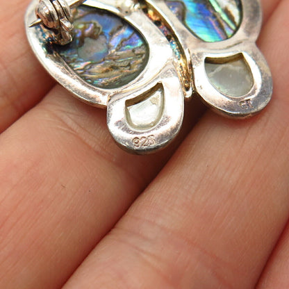 925 Sterling Real Abalone Shell Mother-Of-Pearl & C Z Butterfly Brooch / Pendant