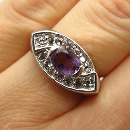 925 Sterling Silver Real White Topaz & Amethyst Gem Curved Ring Size 6 3/4