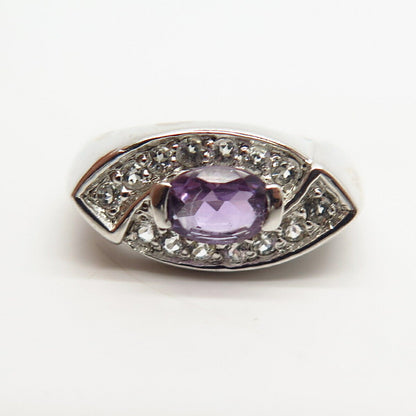 925 Sterling Silver Real White Topaz & Amethyst Gem Curved Ring Size 6 3/4