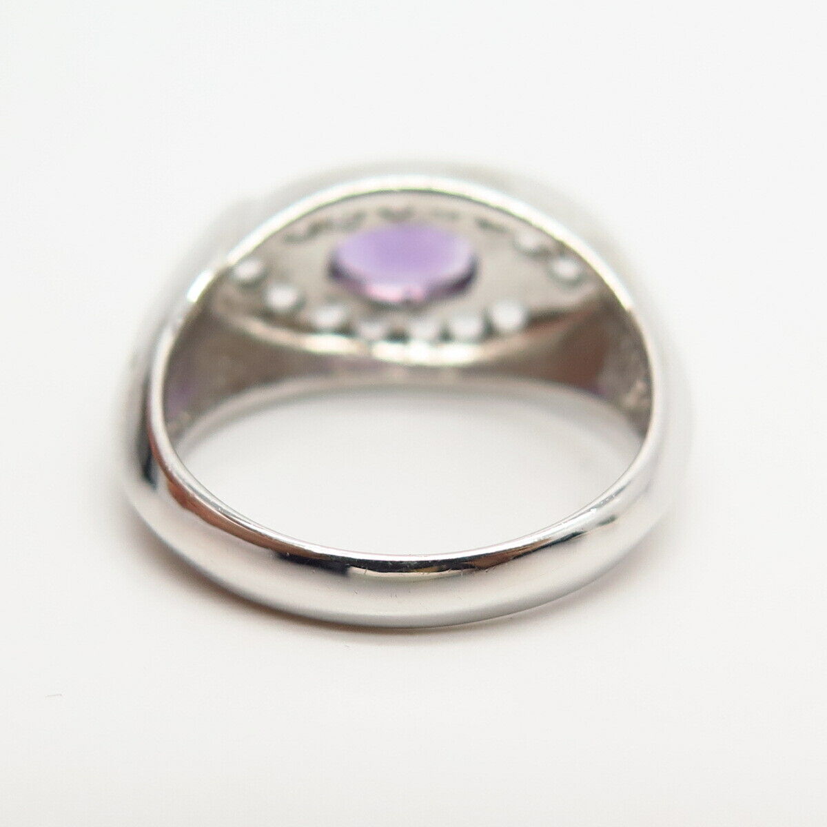 925 Sterling Silver Real White Topaz & Amethyst Gem Curved Ring Size 6 3/4