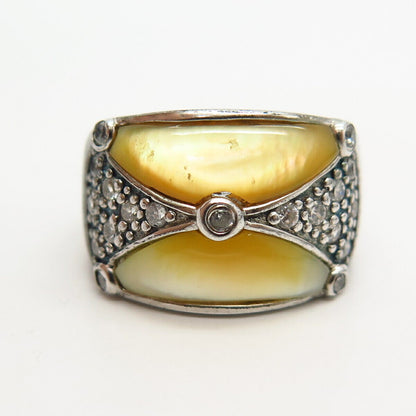 925 Sterling Silver Real Mother-Of-Pearl & C Z Wide Ring Size 5 3/4