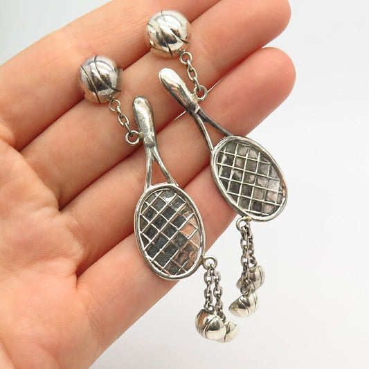 925 Sterling Silver Racquet & Balls Design Dangling Earrings