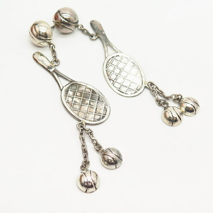 925 Sterling Silver Racquet & Balls Design Dangling Earrings