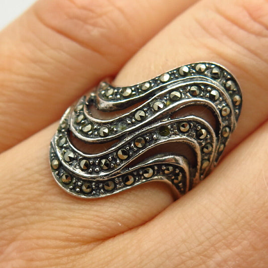 925 Sterling Silver Real Marcasite Gem Curved Design Wide Ring Size 5 3/4