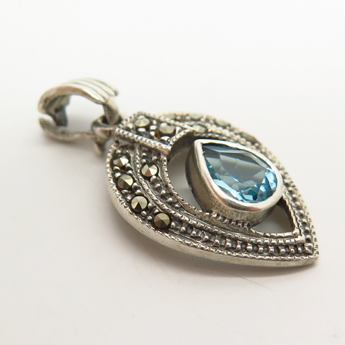 925 Sterling Silver Real Marcasite Gem & C Z Teardrop Design Pendant