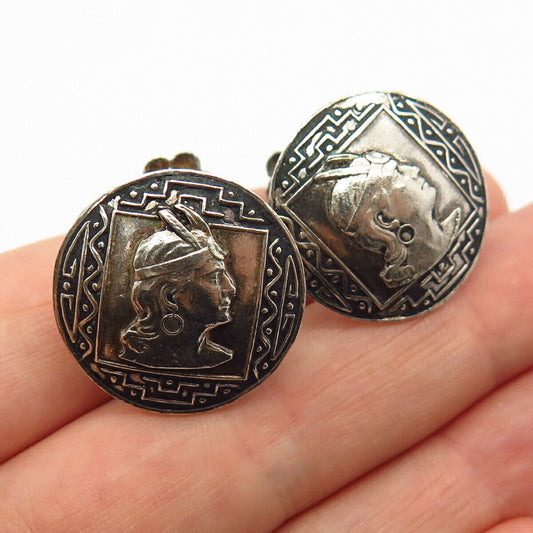 925 Sterling Silver Vintage Peru Tribal Woman Warrior Screw Back Earrings