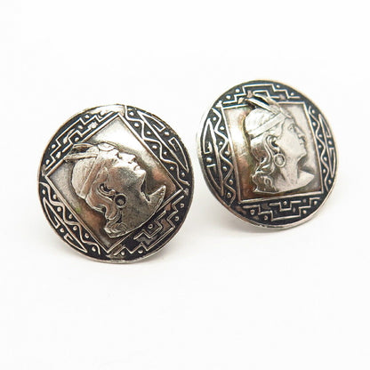 925 Sterling Silver Vintage Peru Tribal Woman Warrior Screw Back Earrings