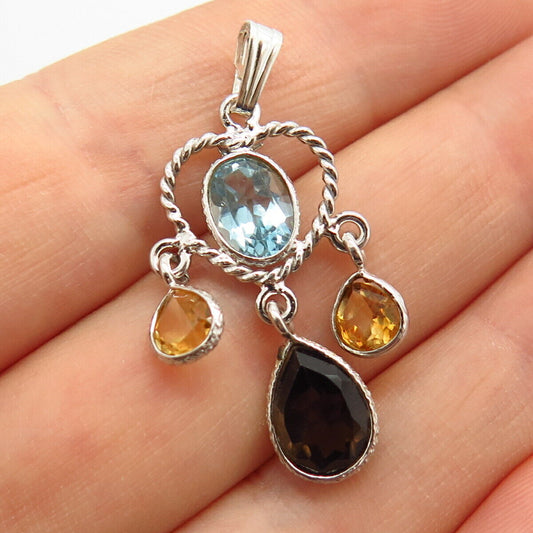 925 Sterling Silver Smoky Quartz Blue Topaz & Citrine Gem Chandelier Pendant